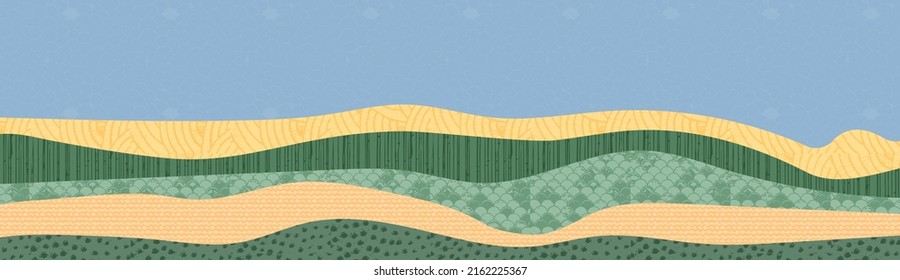 Abstract farm field collage background. Agro land backdrop, farmland landscape vector illustration with texture. Oriental decorative banner, eco design, green rural panorama, ecology art header