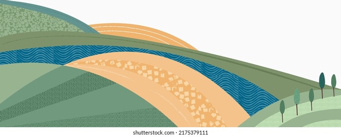 Abstrakter landwirtschaftlicher Feld, Collage Hintergrund. Ackerland Hintergrund, Landschaftsbild, Vektorgrafik mit Textur. Orientalisch dekoriertes Banner, Öko-Design, grünes ländliches Panorama, Ökologie-Kunstkopf