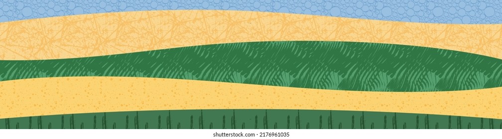 Abstract farm field collage background. Agro land backdrop, farmland landscape vector illustration with texture. Oriental decorative banner, eco design, green rural panorama, ecology art header