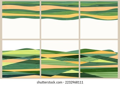 Abstract farm field collage background. Agro land backdrop, farmland landscape vector illustration with texture. Oriental decorative template, eco design, green rural layout, ecology art post