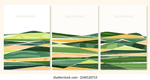 Abstract farm field collage background. Agro land backdrop, farmland landscape vector illustration with texture. Oriental decorative poster, eco design, green rural template, ecology art header