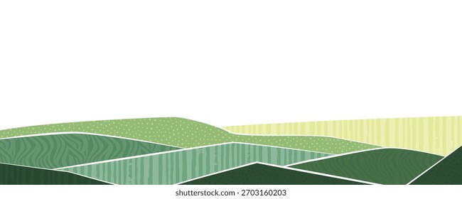 Abstract farm field collage background. Agro land backdrop, farmland landscape vector illustration with texture. Oriental decorative banner, eco design, green rural panorama, ecology art header