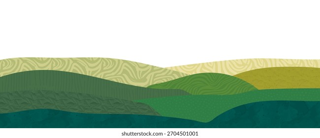 Fundo abstrato da colagem do campo da fazenda. Fundo de terra de Agro, ilustração de vetor de paisagem agrícola com textura. Banner decorativo oriental, design ecológico, panorama rural verde, cabeçalho de arte ecológica