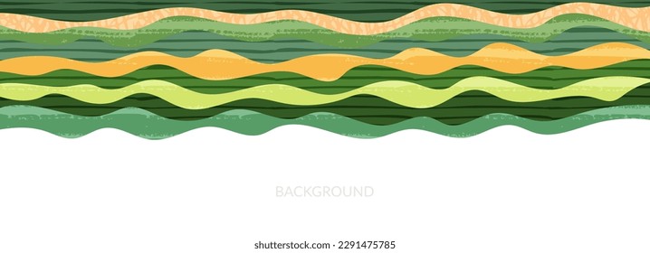 Abstract farm field collage horizontal background. Agriculture banner backdrop, nature landscape vector textured illustration. Green decorative header, eco design, rural template, ecology art layout