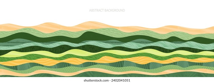 Abstract farm field collage horizontal background. Agriculture banner backdrop, nature landscape vector textured illustration. Green decorative header, eco design, rural template, ecology art layout