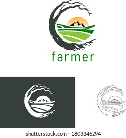 Abstract FARMER logo design with farmer field and mountains art 