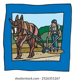 abstract farmer plowing field with a horse Vector illustration isolated