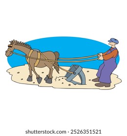 abstract farmer plowing field with a horse Vector illustration isolated