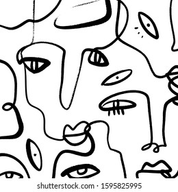 Abstract Fashion Artistic Portrait Painted Illustration Of People Faces Silhouette Group Pattern One Line Drawing Abstraction Modern Aesthetic Print Minimalism Interior Contour Handdrawn Lineart