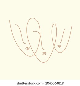 Abstract Fashion Artistic Portrait Painted Illustration Of People Faces Silhouette Group Pattern One Line Drawing Abstraction. Line art woman. Self love and care concept. Continuous line drawing