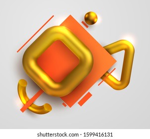 Abstract fashion background with golden 3d shapes. Realistic geometric composition for design cover, banner, poster. Bright vector minimalistic concept. Creative colorful art illustration.