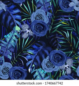 Abstract fashion background. Seamless floral pattern with blue roses, hibiscus, orchid and tropical leaves. Vector illustration. Modern style. Jungle summer print