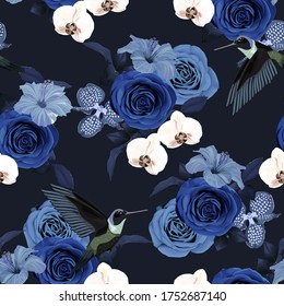 Abstract fashion background. Seamless floral pattern with hummingbird,  blue roses, hibiscus, orchid. Vector illustration. Vintage style. Retro print with wild birds