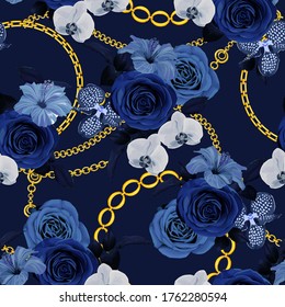 Abstract fashion background. Seamless floral pattern with blue roses, hibiscus, orchid and golden chains. Vector illustration. Vintage style. Retro print