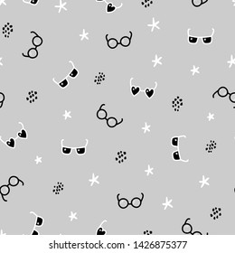 Abstract Fashion Background. Vector Seamless Childish Pattern with Doodle Sunglasses and Eyeglasses, Stars and Dots.