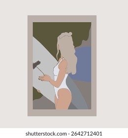 Abstract Fashion Beach Girl In Swimsuit And Surf Trendy Groovy Illustration Poster Vector Design