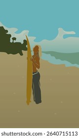 Abstract Fashion Beach Girl In Trendy Look  And Surf Hand Drawn Groovy Illustration Vector Design