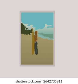 Abstract Fashion Beach Girl In Trendy Look  And Surf Hand Drawn Groovy Illustration Poster Background Vector Design