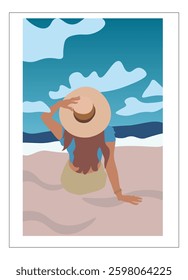 Abstract Fashion Boutique Retro Poster Portrait Woman Sitting On The Beach Looking To The Sunny Sky Travel Landscape Retro Poster