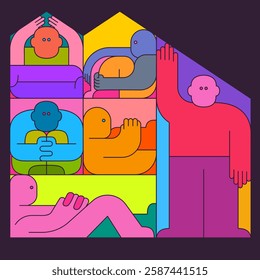 Abstract fashion design in geometric pop art style. Vector illustration of character, people or adult humans different poses in house or city building. Concept art for psychology, mental health.
