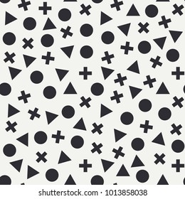 Abstract fashion flat seamless vector pattern with geometric figures triangle, circle, sphere, cross. Creative wrapping. Cartoon retro style background. Illustration, element for design and wallpaper