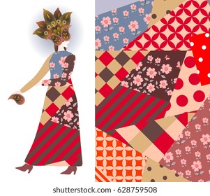 Abstract fashion girl model, dress, paisley floral hat, patchwork pattern. Vector design.