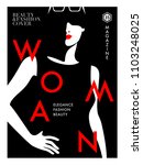 Abstract fashion girl wearing black dress and sunglasses. Woman magazine cover design. Black white vector illustration