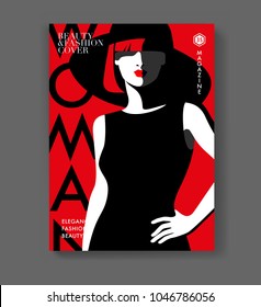 Niña de la moda abstracta con vestido negro y sombrero de fondo rojo. Plantilla de portada de revista. Ilustración del vector