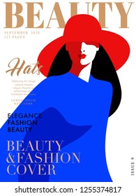Abstract fashion girl wearing blue dress and big red hat. Woman magazine cover design. Vector illustration