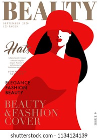 Abstract fashion girl wearing red dress and big red hat. Women magazine cover design. Vector illustration