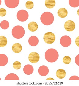 Abstract fashion grunge polka dots background. White seamless pattern with pink, golden textured circles. Template design for invitation, poster, flyer, banner, textile, fabric. Halftone card.