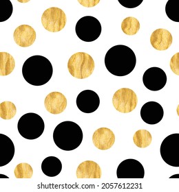 Resumen de la moda el polka gruñón pone el fondo. Patrón blanco sin costuras con círculos negros y dorados texturados. Diseño de plantilla para invitación, afiche, volante, banner, textil, tela. Tarjeta de media tonalidad.