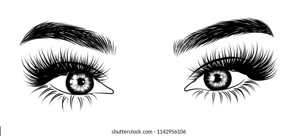 Abstract fashion illustration of the eye with creative makeup. Hand drawn vector idea for business visit cards, templates, web, salon banners,brochures. Natural eyebrows and glam eyelashes