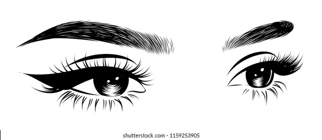 Abstract fashion illustration of the eye with creative makeup. Hand drawn vector idea for business visit cards, templates, web, salon banners,brochures. Natural eyebrows and glam eyelashes