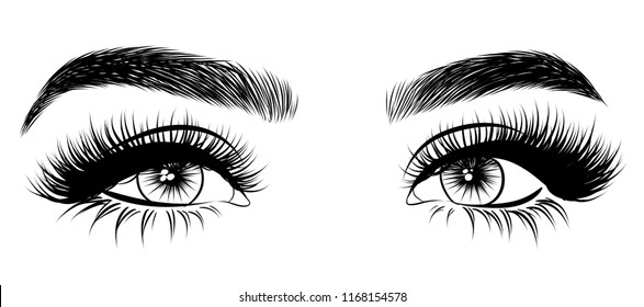 Abstract fashion illustration of the eye with creative makeup. Hand drawn vector idea for business visit cards, templates, web, salon banners,brochures. Natural eyebrows and glam eyelashes