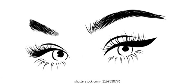 Abstract fashion illustration of the eye with creative makeup. Hand drawn vector idea for business visit cards, templates, web, salon banners,brochures. Natural eyebrows and glam eyelashes