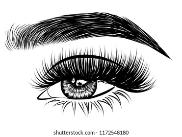 Abstract fashion illustration of the eye with creative makeup. Hand drawn vector idea for business visit cards, templates, web, salon banners,brochures. Natural eyebrows and glam eyelashes