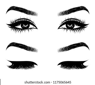 Abstract fashion illustration of the eye with creative makeup. Hand drawn vector idea for business visit cards, templates, web, salon banners,brochures. Natural eyebrows and glam eyelashes