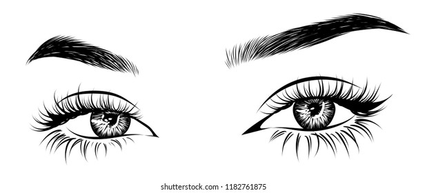 Abstract fashion illustration of the eye with creative makeup. Hand drawn vector idea for business visit cards, templates, web, salon banners,brochures. Natural eyebrows and glam eyelashes