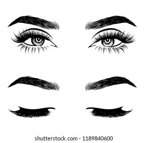 Abstract fashion illustration of the eye with creative makeup. Hand drawn vector idea for business visit cards, templates, web, salon banners,brochures. Natural eyebrows and glam eyelashes