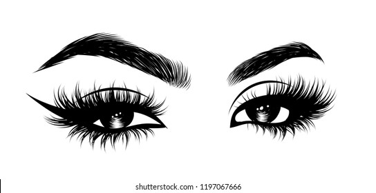 Abstract fashion illustration of the eye with creative makeup. Hand drawn vector idea for business visit cards, templates, web, salon banners,brochures. Natural eyebrows and glam eyelashes