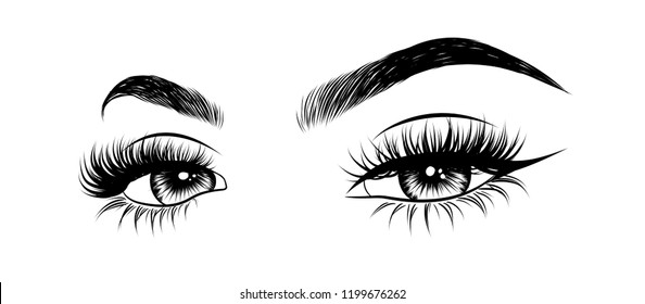 Abstract fashion illustration of the eye with creative makeup. Hand drawn vector idea for business visit cards, templates, web, salon banners,brochures. Natural eyebrows and glam eyelashes