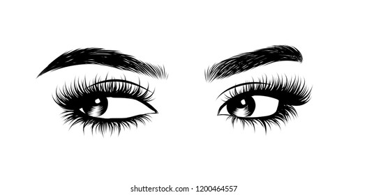 Abstract fashion illustration of the eye with creative makeup. Hand drawn vector idea for business visit cards, templates, web, salon banners,brochures. Natural eyebrows and glam eyelashes