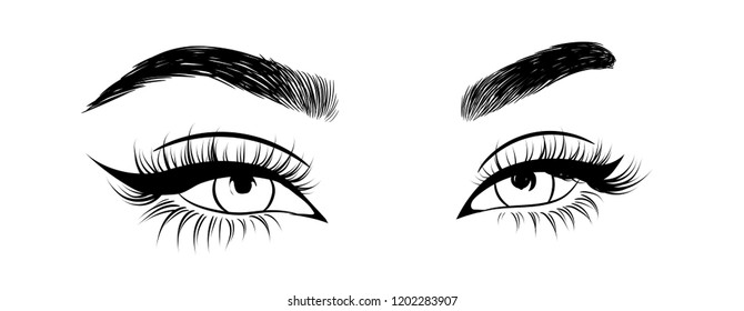 Abstract fashion illustration of the eye with creative makeup. Hand drawn vector idea for business visit cards, templates, web, salon banners,brochures. Natural eyebrows and glam eyelashes