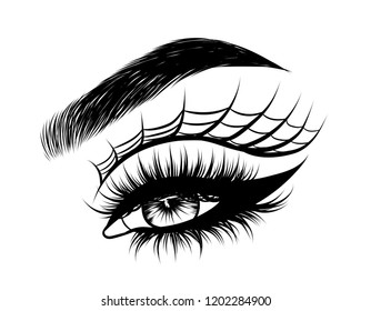 Abstract fashion illustration of the eye with creative makeup. Hand drawn vector idea for business visit cards, templates, web, salon banners,brochures. Natural eyebrows and glam eyelashes