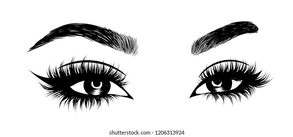 Abstract fashion illustration of the eye with creative makeup. Hand drawn vector idea for business visit cards, templates, web, salon banners,brochures. Natural eyebrows and glam eyelashes