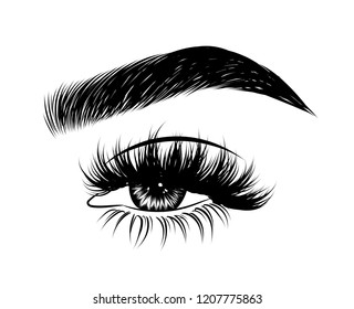 Abstract fashion illustration of the eye with creative makeup. Hand drawn vector idea for business visit cards, templates, web, salon banners,brochures. Natural eyebrows and glam eyelashes