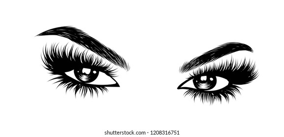 Abstract fashion illustration of the eye with creative makeup. Hand drawn vector idea for business visit cards, templates, web, salon banners,brochures. Natural eyebrows and glam eyelashes