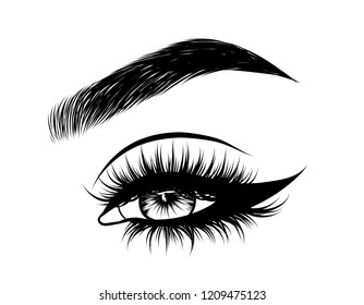 Abstract fashion illustration of the eye with creative makeup. Hand drawn vector idea for business visit cards, templates, web, salon banners,brochures. Natural eyebrows and glam eyelashes