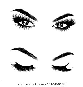 Abstract fashion illustration of the eye with creative makeup. Hand drawn vector idea for business visit cards, templates, web, salon banners,brochures. Natural eyebrows and glam eyelashes